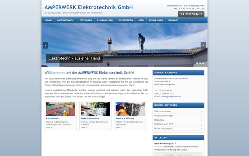 Die alte Elektrotechnik-Website im Stil von 2012 mit der Floskel „Ihr zuverlässiger Partner“
