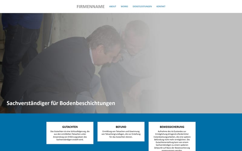 Der bisherige Baukasten-Auftritt des Sachverständigenbüros mit dem Platzhalter „Firmenname“ ganz oben