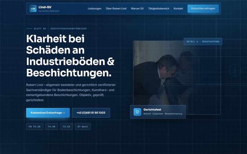 Umgesetzter Auftritt für das Sachverständigenbüro Lind-SV mit Name, Fachgebieten und Kontaktmöglichkeit
