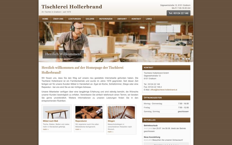 Die alte Tischlerei-Website im Stil von 2012, vier Absätze Fließtext ohne Bilder der Werkstatt