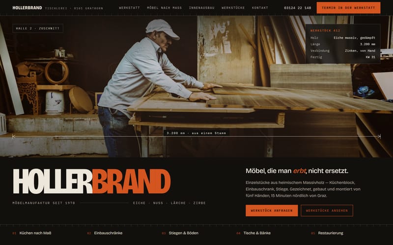 Konzeptentwurf von Lind Studio für eine Massivholz-Tischlerei mit großem Werkstattbild