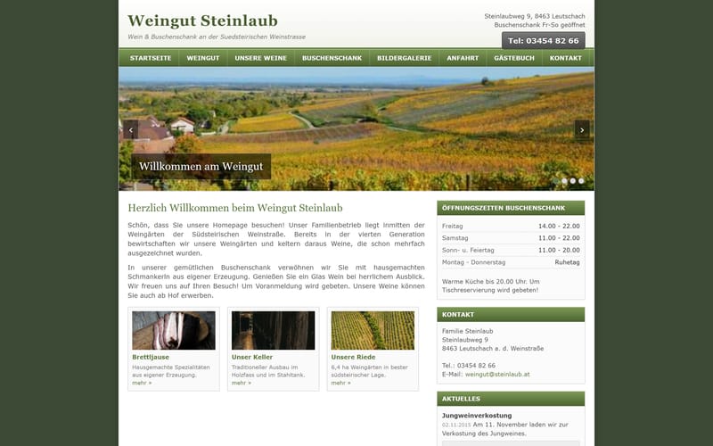 Die alte Weingut-Website im Stil von 2012, Öffnungszeiten erst nach langem Suchen auffindbar