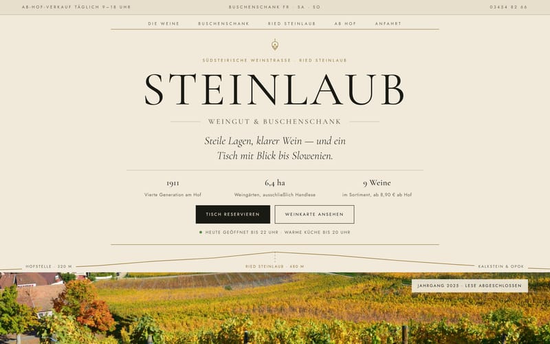 Konzeptentwurf von Lind Studio für ein Weingut mit Buschenschank, gestaltet wie ein Weinetikett